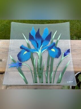 Vintage Floral IRIS Art Glass Plate, Signed Wm McGrath